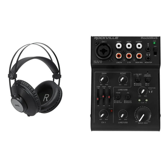 Rockville RockMix 5 Ch Mixer w/USB Interface, Bluetooth, Echo, EQ AKG Headphones