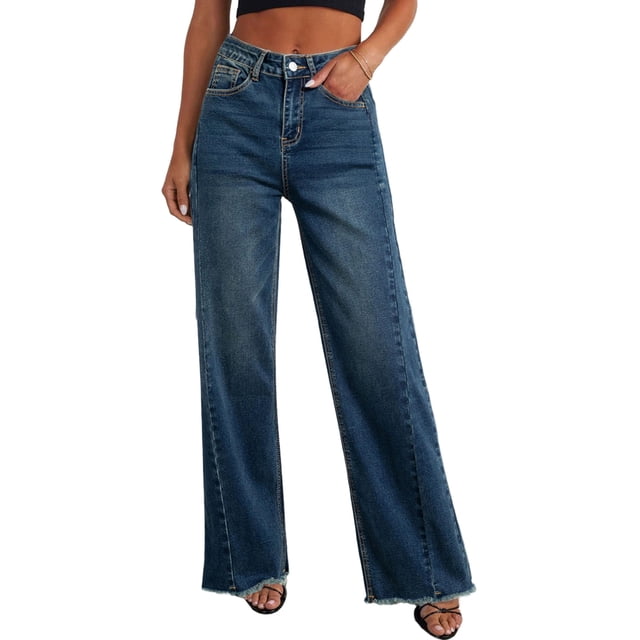 Pantalones PRETTYGARDEN de Pierna Ancha, Tiro Alto y Dobladillo Deshilachado en Denim