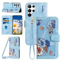 Compatible with Samsung Galaxy S24 Ultra Wallet Case for Women, Shoulder Strap   Wristband Premium PU Leather Floral Flip Cover with Card Holder Kickstand Feature Protective Purse Case, Blue