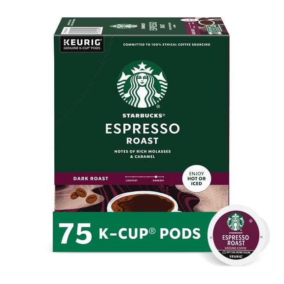 Starbucks K-Cup Coffee Pods, Dark Roast Coffee, Espresso Roast for Keurig Coffee Makers, 100% Arabica, 1 Box (75 Pods)
