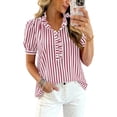 thumbnail image 6 of Puff Sleeve Tops for Women 2026 Summer Gingham Tops Striped Plaid Ruffle Button Down Shirts Business Casual Work Blouse Watermelon Red S, 6 of 6