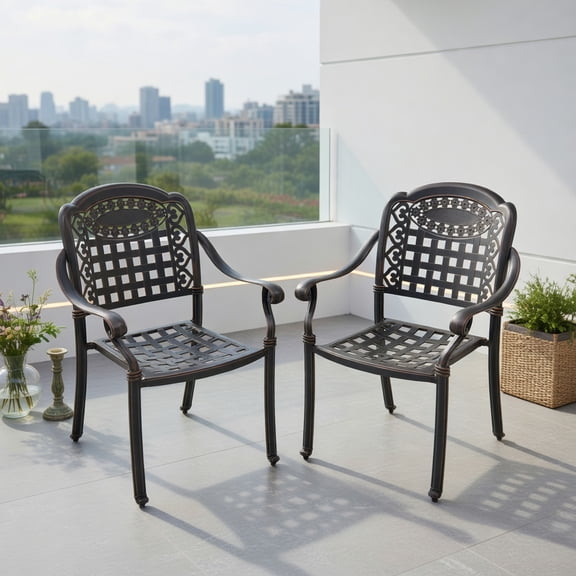 GVN Outdoor Kitchen Chair, Dinner Chairs,Set of 2 Cast Aluminum Patio Chairs with Armrests-Brown