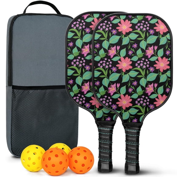Pickleball Paddles Set,Pioneer Flower Floral Print Pattern Fiberglass Surface Pickleball Racket Set with 2 Indoor Outdoor Pickleball Balls and Pickleball Bag,Pickle-ball Equipment
