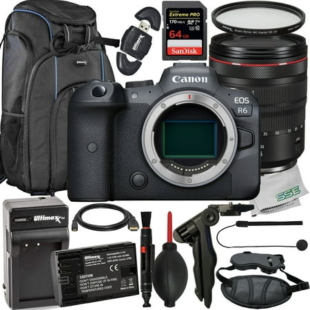 Canon EOS R6 Mirrorless Camera with 24-105mm f/4 Lens with Essential Accessory Bundle: SanDisk 64GB Extreme Pro SDXC  Water-Resistant Deluxe Backpack & More (20pc Bundle)