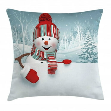 Snowman Throw Pillow Cushion Cover, Smiling 3D Style Mascot with Hat and Scarf Snowy Mountains Trees Seasonal Happy, Decorative Square Accent Pillow Case, 16 X 16 Inches, Multicolor, by Ambesonne