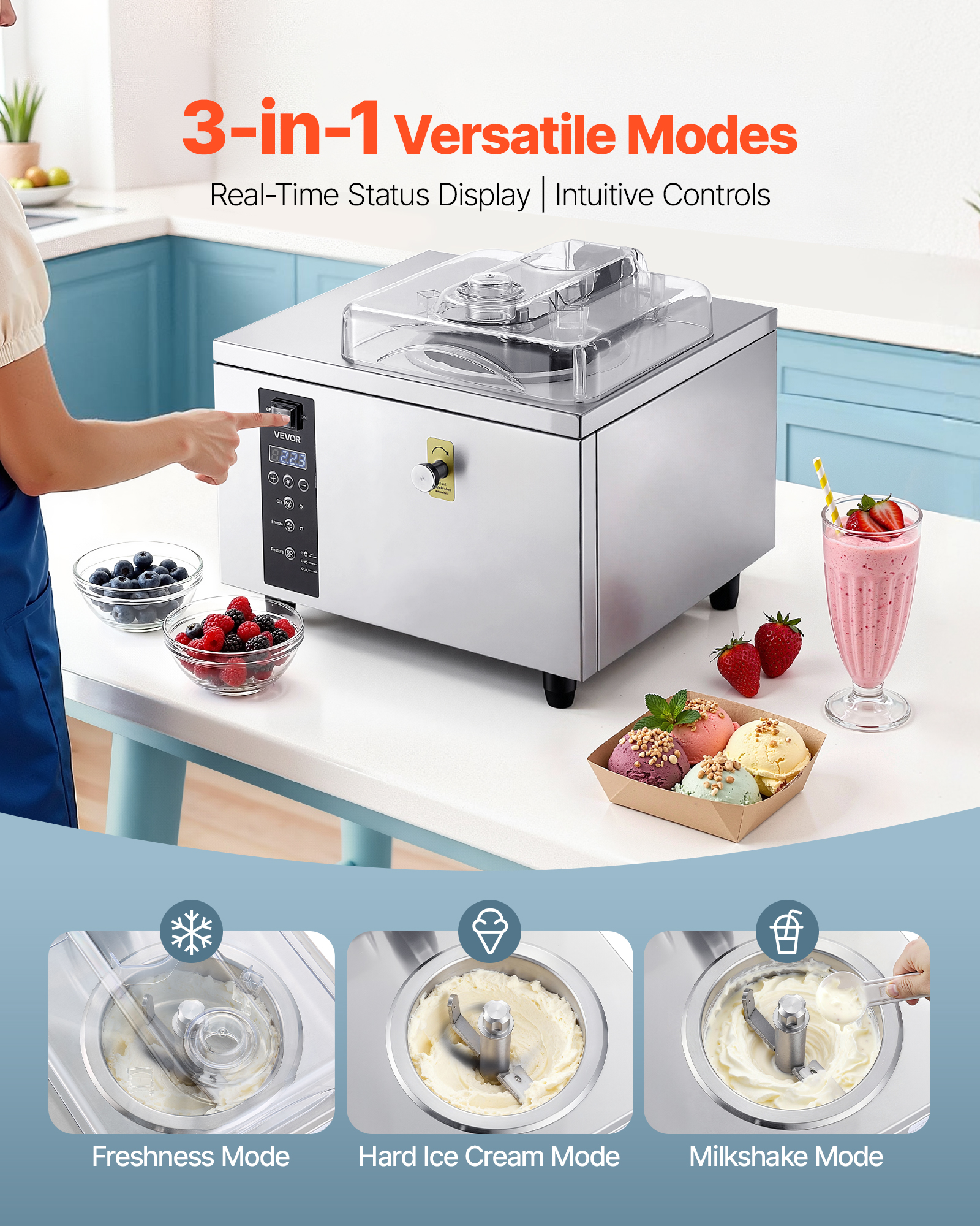 VEVOR Commercial Hard Ice Cream Machine, 500W 1.32 Gal/Hour, Gelato Hard Serve Ice Cream Maker with 2.8L 304 Stainless Steel Cylinder, Auto Clean LED Panel High Productivity for Snack Bar Restaurants