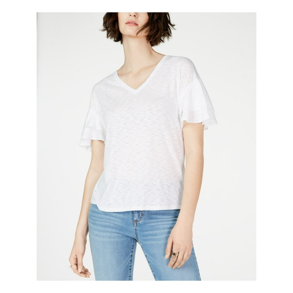 INC - INC Womens White Ruffled Short Sleeve V Neck T-Shirt Top Size S ...