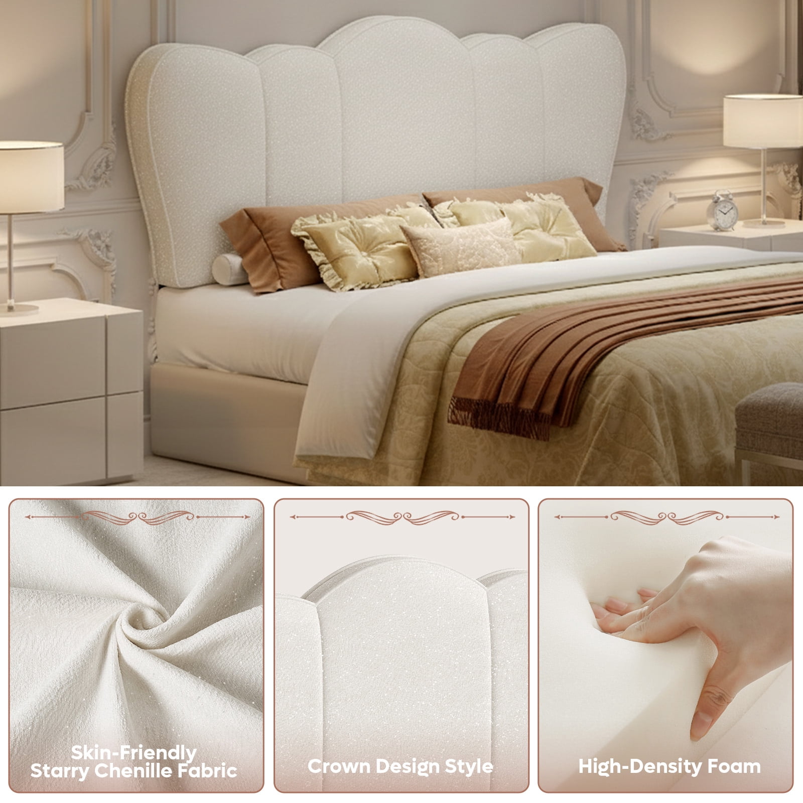 Pinmoco Chenille Upholstered Headboard for Queen Bed, Height Adjustable Crown-Shaped Headboard, Starry Beige