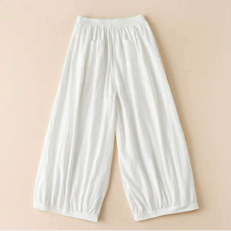 Women High Waist Cotton Linen Bloomers Solid Color Loose Wide Leg Casual Pants White Size XL