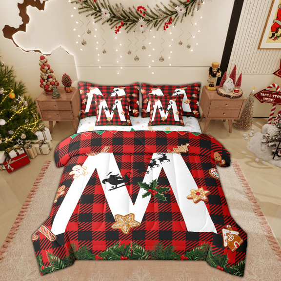 Manfei Initial M Letter Twin Bedding Sets 7-Piece for Kids, Black Red Buffalo Bedding Comforter Set, Merry Christmas Reversible Sheet Sets, Ultra Soft Home Decor