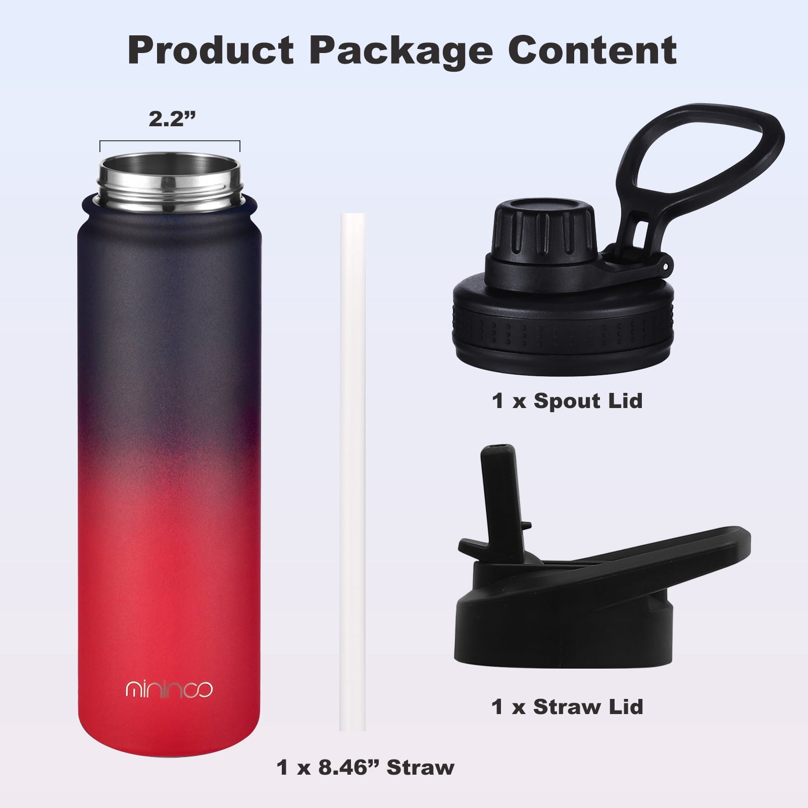 Mininoo 24 oz Insulated Stainless Steel Water Bottle with Straw Lid, Ice Coke