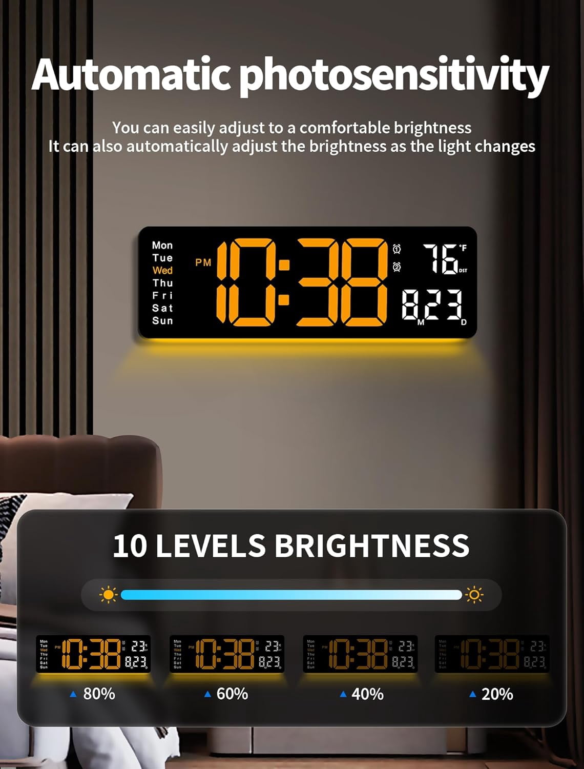Large Digital Wall Clock with Remote Control, RGB Atmosphere Lights with 11 Scenes Mode, Dual Alarms with Big LED Display, Auto DST, Temperature for Classroom Gaming