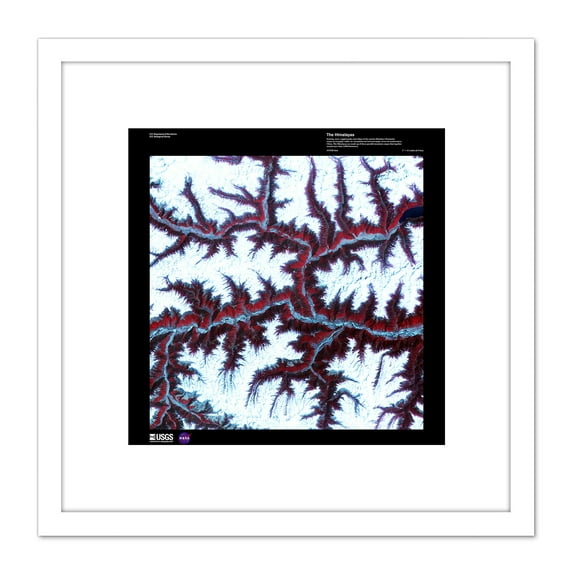 Science Map Satellite Himalayas China Mountain Snow Replica 8X8 Inch Square Wooden Framed Wall Art Print Picture with Mount