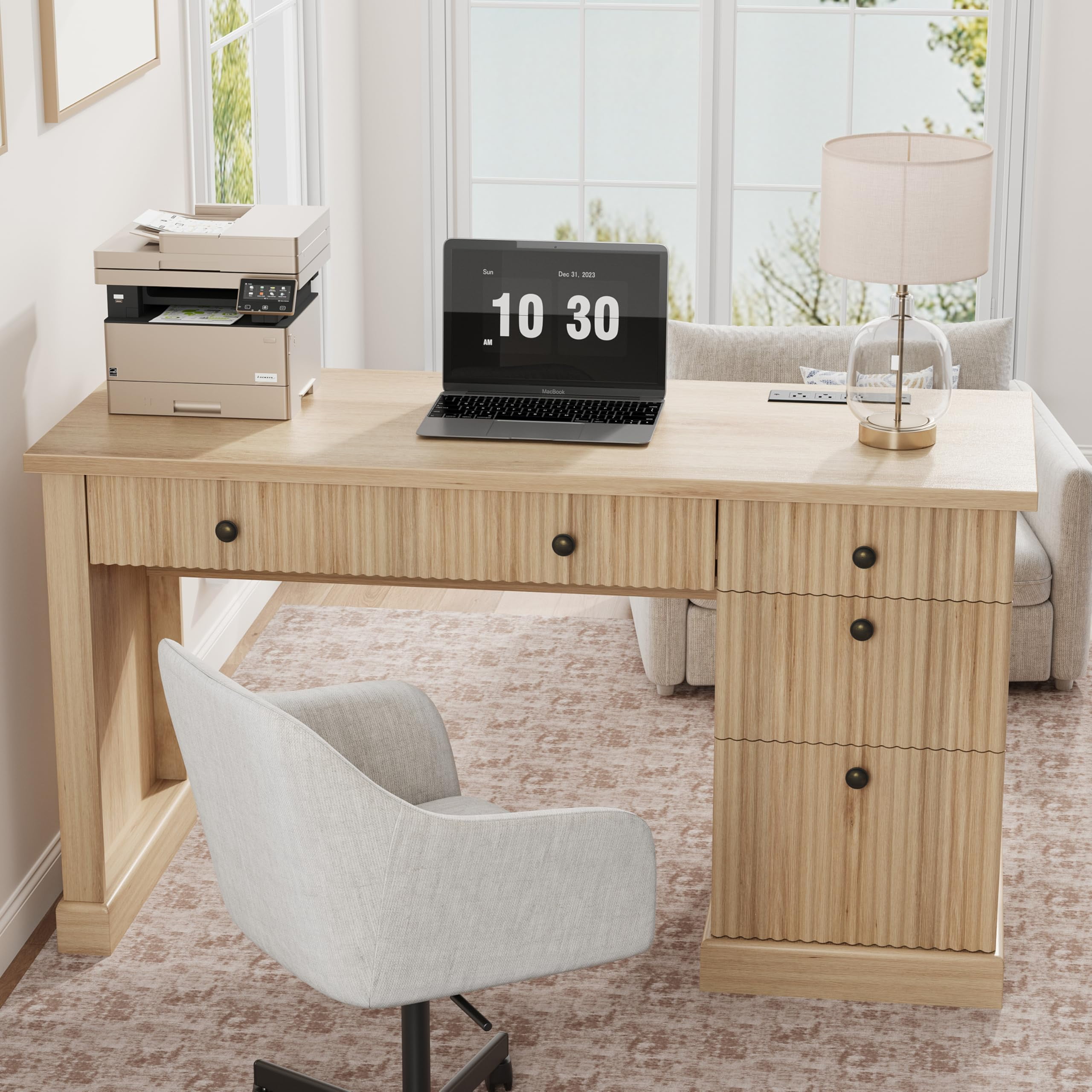 EliteEdge 54" Fluted Executive Desk with File Drawers, Storage Cabinet & Charging Station, Modern Computer Table for Home Office,Natural Wood