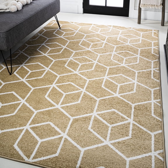 JONATHAN Y SUPERSOFT 5 x 8 Area Rug, Tumbling Blocks Modern Geometric - Gold/White, SEU101E-5