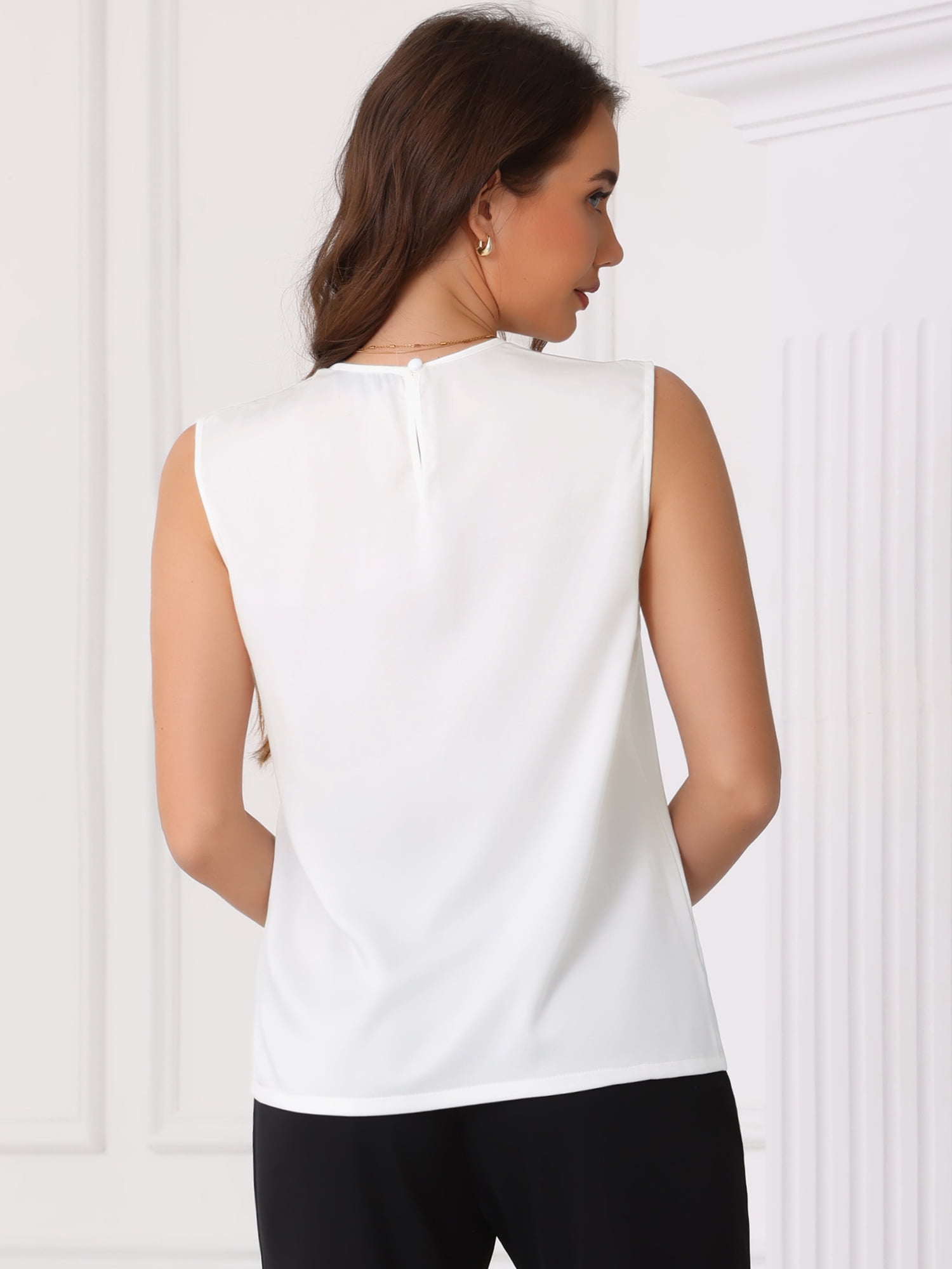 DARING DIVA Women's Round Neck Sleeveless Work Blouse S White