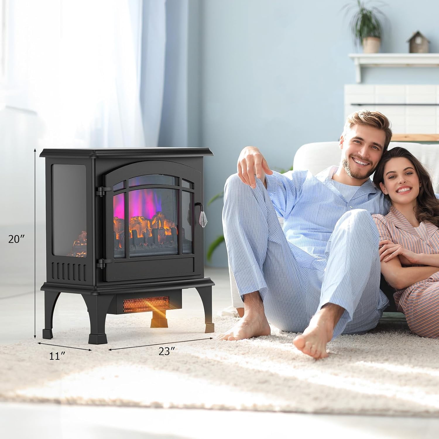 VINGLI Electric Fireplace Stove, 23''W Freestanding Heater with Remote, Timer, Realistic Flame Effect, Adjustable Temperature, Overheat & Tip-Over Protections for Bedroom Living Room, 1400W