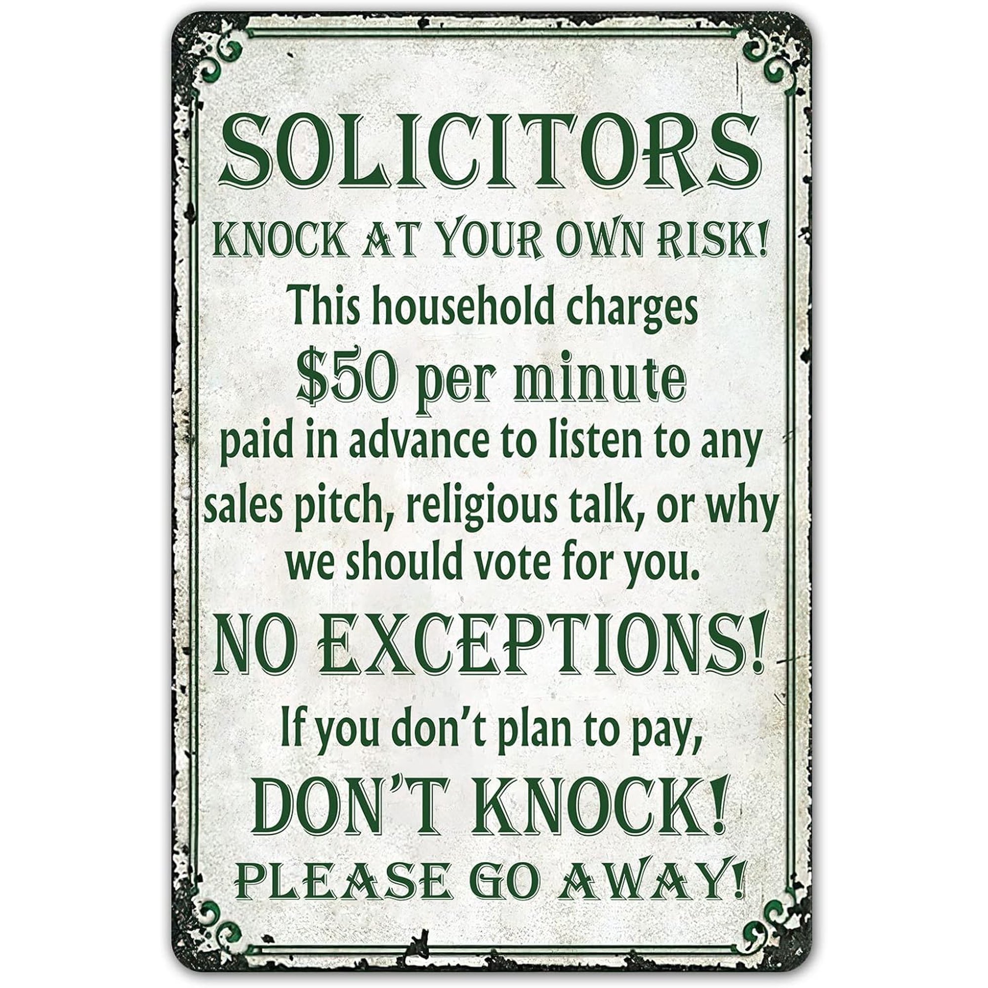 No Soliciting Sign for House Funny Vintage Metal Tin 12x8 Inch | Do Not Knock Sign Outdoor Rust-Proof Design Perfect for Front Door Yard Home Humorous & Effectively Keep Solicitors Away