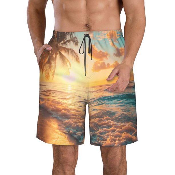 Balery Tropical Sunset Beach Scene Traje de Baño Estilo Hawaiano para Hombre, Shorts de Secado Rápido con Bolsillos-Small
