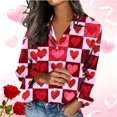 thumbnail image 2 of Tops de manga larga de las mujeres Casual día de San Valentín impreso satén blusa botón arriba solapa camisa con cuello, Tops de manga larga de las mujeres, 2 of 7