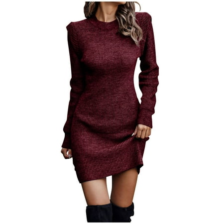 Olyvenn Womens Tunic Hip Wrap Knitted Sweater Bodycon Dress Fashion Classic Solid House Dress Mock Neck Ruched Warm Slim Fit Casual Flowy Smocked Raglan Cap Long Sleeve Prom Dress Wine 6
