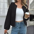thumbnail image 2 of Stichou Womens Cropped Bomber Jackets Trendy Casual Collarless Pea Coat Zip Up Sping Fall Short Jacket Black L, 2 of 6