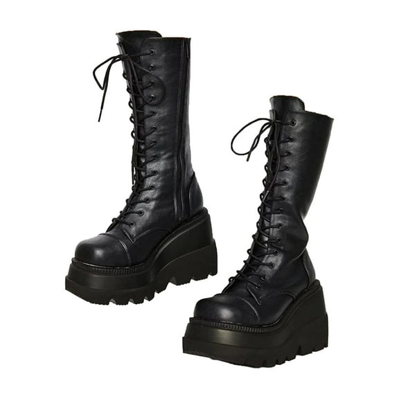 Women's Gothic Punk Platform Boots Chunky Wedge Heel Combat Boots Lace-Up and Zipper Side Round Toe Mid Calf Motorcycle Boot