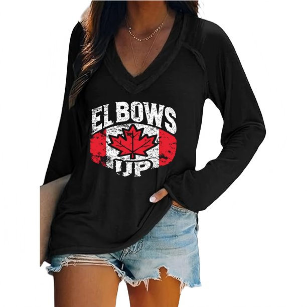 MHFRRA Camiseta Informal de Manga Larga con Cuello En V y Estampado Canadiense para Mujer Negro
