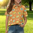 thumbnail image 2 of Domzest Girls Polo Shirt Short Sleeve Animal Print Casual Summer Top Kids Back To School Uniform Cotton Blend Button Down Collar Youth Tee Blouse Age 4-12 Elementary Fashion Outfit Saffron 5-6 Years, 2 of 5