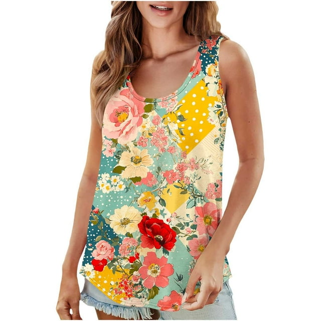UPPADA Camisoles d'Été pour Femmes à Imprimé Floral, Col Ras du Cou, Sans Manches, Chemises Décontractées à Ourlet Fluide, Jolis T-Shirts, Chemises Coupe Ample, Hauts Confortables Multicolores, m