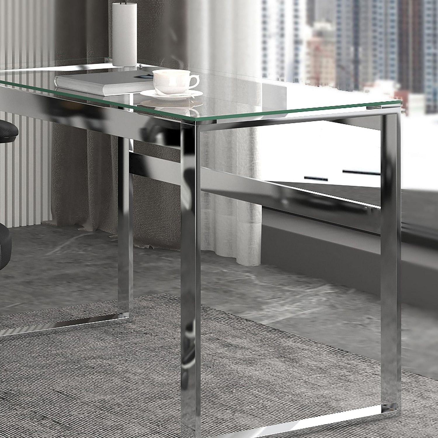 Console/Bureau en Acier Inoxydable et Verre - Argent