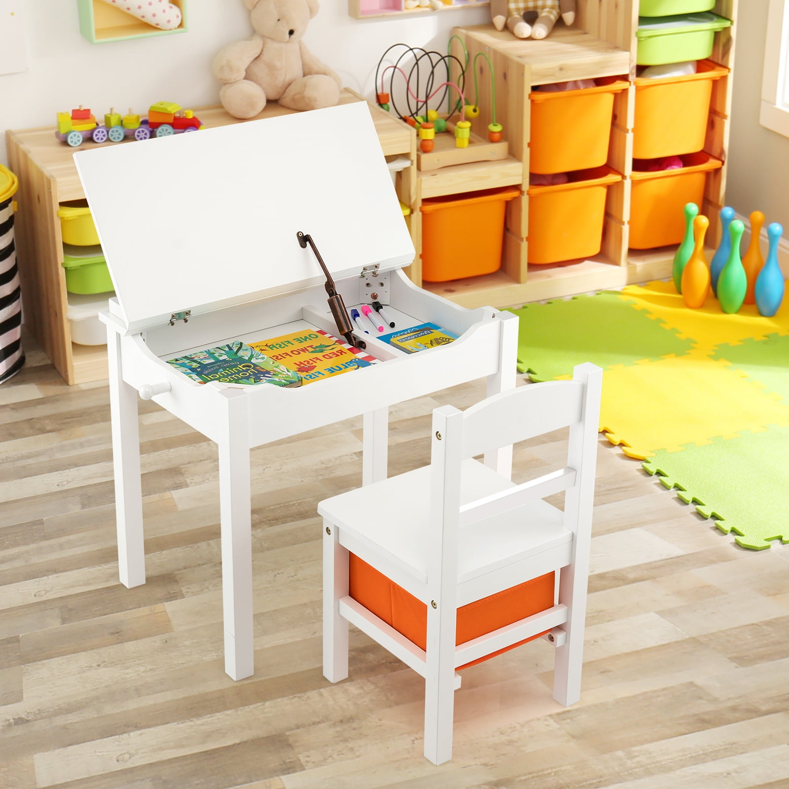 Gymax Kids Table and Chair Set Wood Activity Study Desk w/ Storage Drawer Hook White