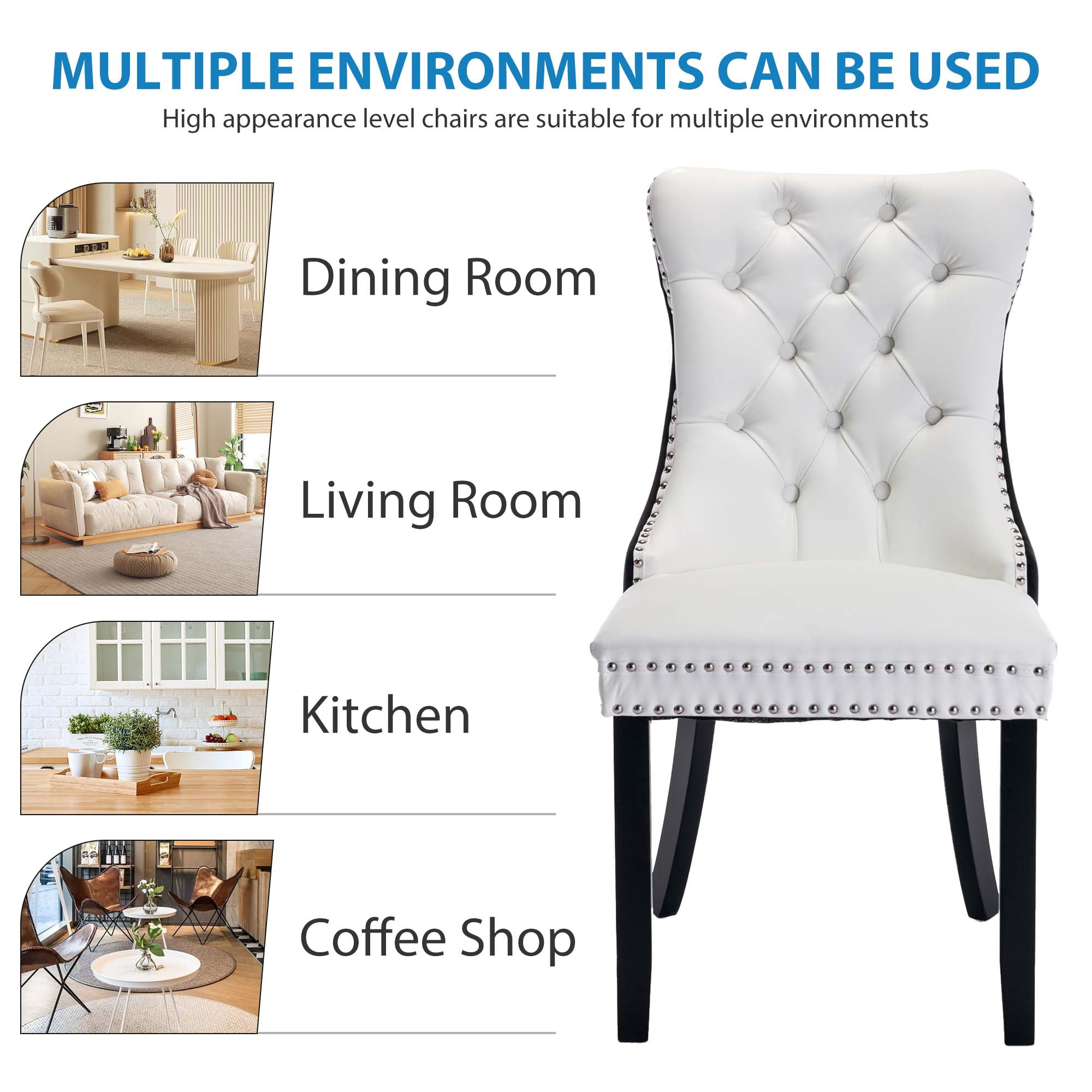 Aukfa High-End Upholstered Dining Chairs Set of 2, Modern Tufted Solid Wood Side Chair with Nailhead Trim - White/Black