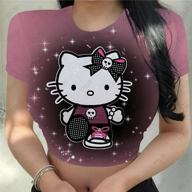 RWJDXD Chemises Décontractées d'Été pour Femmes Mode Urbaine Manches Courtes Crop Tops Imprimé Chat Hello Kitty Col Rond Ajusté T-Shirts