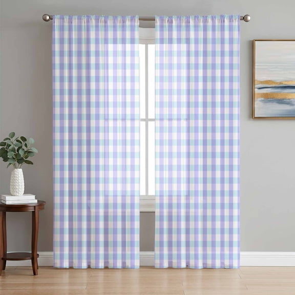 Blue Grid Sheer Curtains 72 Inch Length 2 Panels Set, Checkered Plaid Gingham Lattice Trellis Print Voile Window Treatment Rod Pocket Curtains Sheers Drapes for Bedroom/Living Room/Kitchen 52"x72"x2