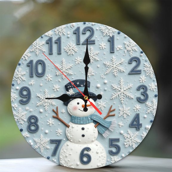Winter Snowman Snowflake Clock Wall Decor 10-Inch Silent Wooden Wall Clock, Battery Operated (AA Batteries Not Included), Artistic Home Decor