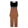 thumbnail image 4 of Cavosen 2 Piece Lounge Set Women Pajama Pleated Soft Sleepwear Sleeveless Crewneck Pullover Tank Tops Capri Nightwear Color Block Loungewear with Pocket Casual Pjs Brown S, 4 of 5
