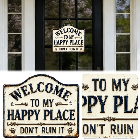 Welcome to My Happy Place Don'T Ruin It Wooden Door Sign Rustic Wall Decor with Pre Drilled Holes & Jute Rope Retro Home Plaque for Entryway Porch Ornament