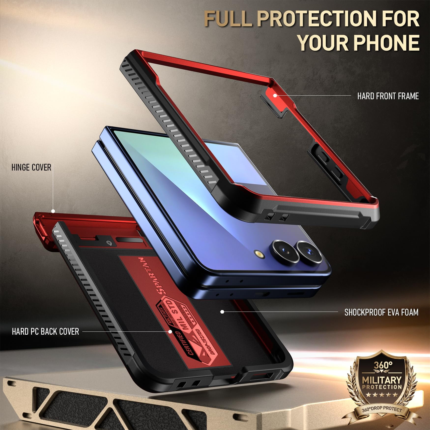 Poetic Spartan for Samsung Galaxy Z Flip 7 Case, [Kickstand] [Hinge Protection] [20FT Mil-Grade Drop Tested], Full-Body Rugged Shockproof Protective Phone Cover for Galaxy Z Flip7, Metallic Red