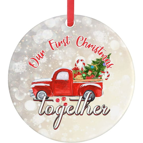 Our First Christmas Together Ornament 2022 Red Truck Just Married Housewarming Gift Best Pandemic Porcelain Keepsake Xmas Tree Hanging Decorations with Ribbon for Wedding Family