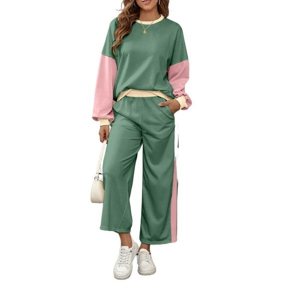 Women's Mist Green 2-Piece Color Block Pullover and Loose Pant Set | [ZhiHiMeRi] | 2XL