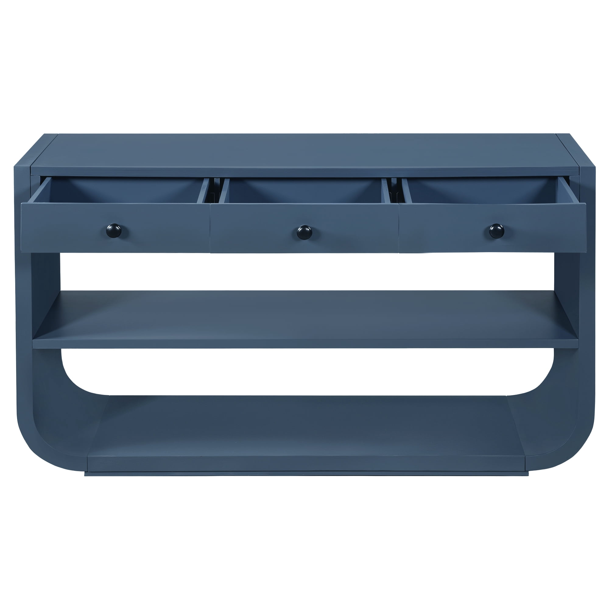 Mintazer 55" Modern Curved Console Table with 3 Soft-Close Drawers & 2 Open Shelves for Entryway, Living Room, Hallway, Blue