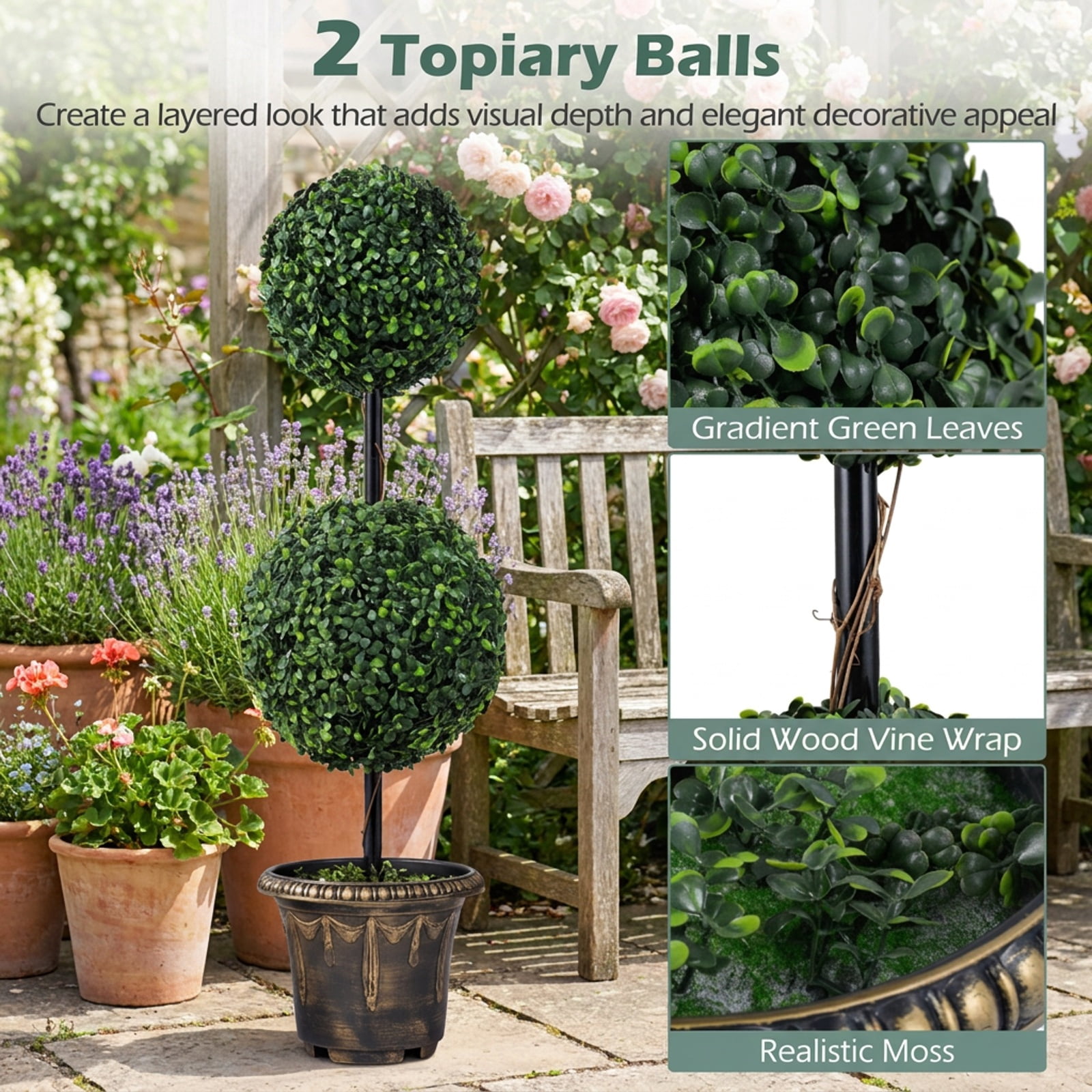 Vebreda Artificial Plant Decor, 3 FT Artificial Boxwood Topiary Tree Double Ball Shrubs, Eye-Catching Topiary Form, No-Upkeep Greenery