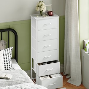 Eunos 6-Drawer Dresser with Fabric Bins, White Leather