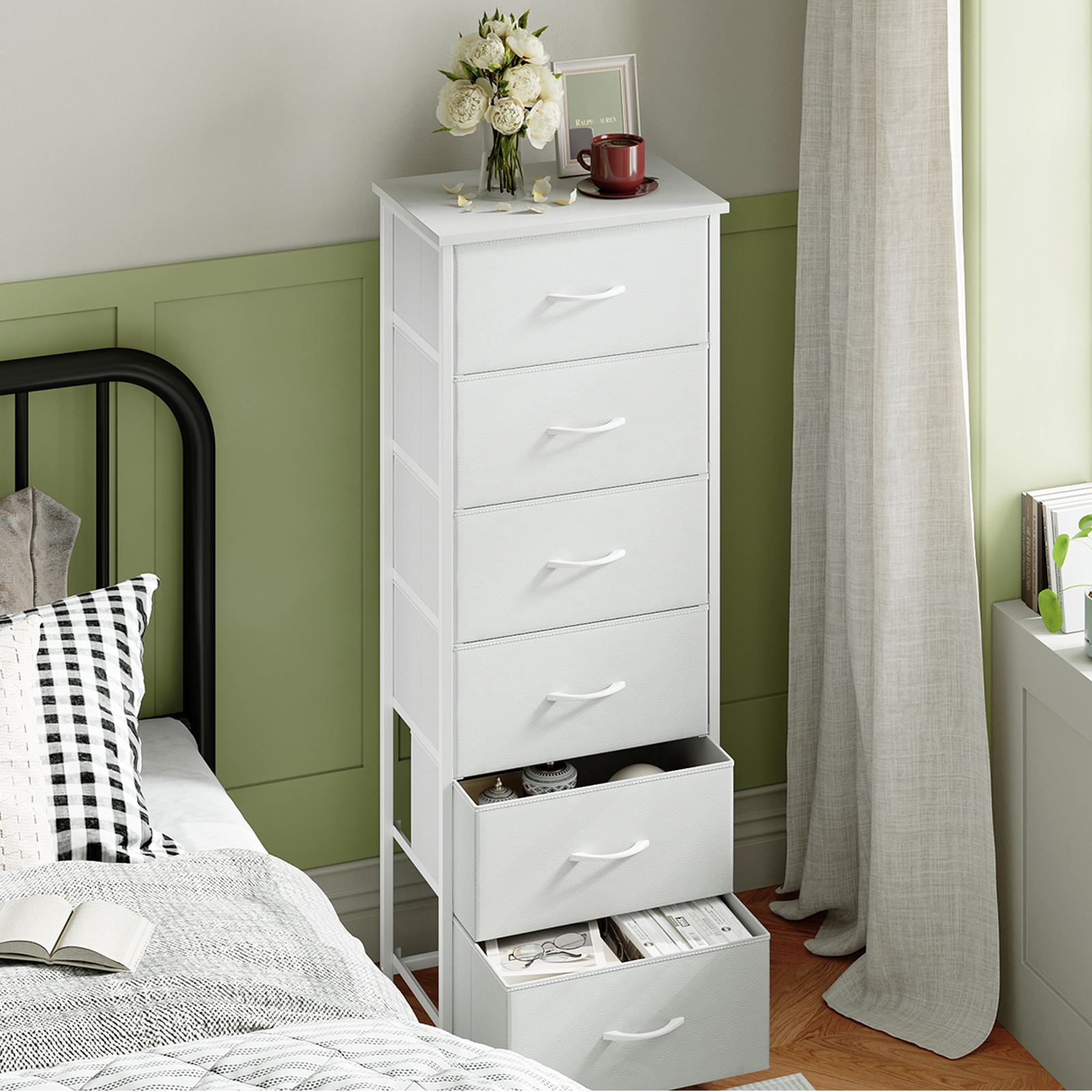 Eunos 6-Drawer Dresser with Fabric Bins, White Leather photo 1