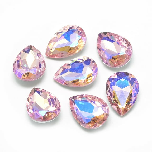 50 pc Pointed Back Glass Rhinestone Cabochons Back Plated Faceted AB color Plated teardrop Pearl Pink 18x13x5.5mm