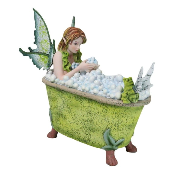 Whimsical Green Fairy Bathing in Tub With Pixie Frog Figurine By Amy Brown