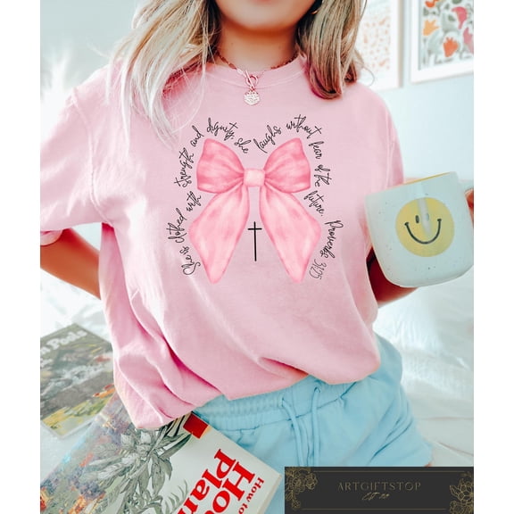 Retro Christian Shirt, Bible Verse Pink Bow Shirt, Coquette Christian T-shirt, Women's Inspirational Shirt, Coquette Mommy Crewneck, F3341 All Size S-5Xl
