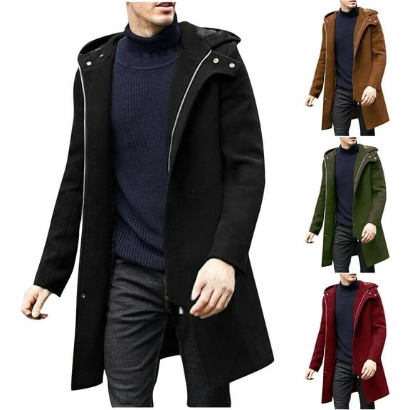LpwkSSA Men's Winter Warm Coat Wool Blends Pea Coats Medium Long Coat Hooded Plush Zipper Knitting Drawstring Single Breasted Overcoat Black M