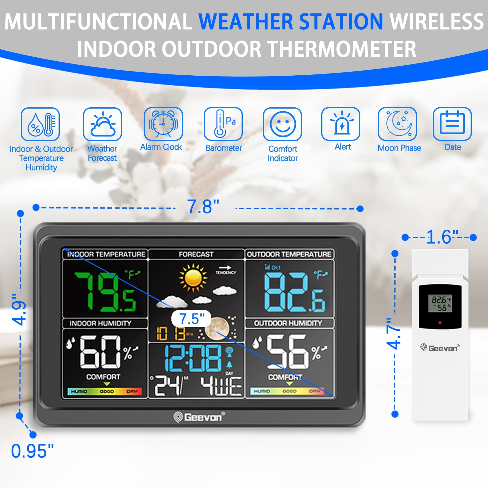 Geevon Weather Station Wireless Indoor Outdoor Thermometer, Color Display Digital Weather Thermometer with Alarm Clock, Barometric Pressure, Calendar, USB Charge, and Backlight(350°view angle)